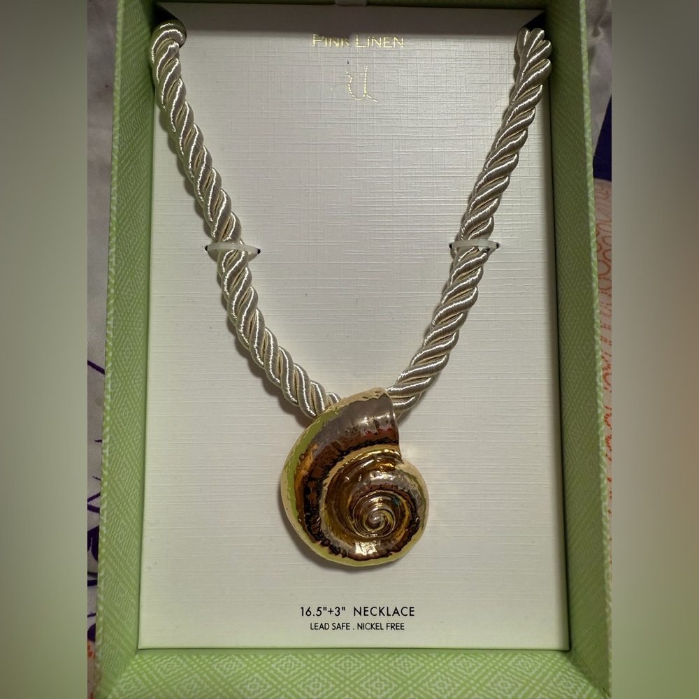 Pink Linen Gold Snail Shell Rope Statement Necklace NWT